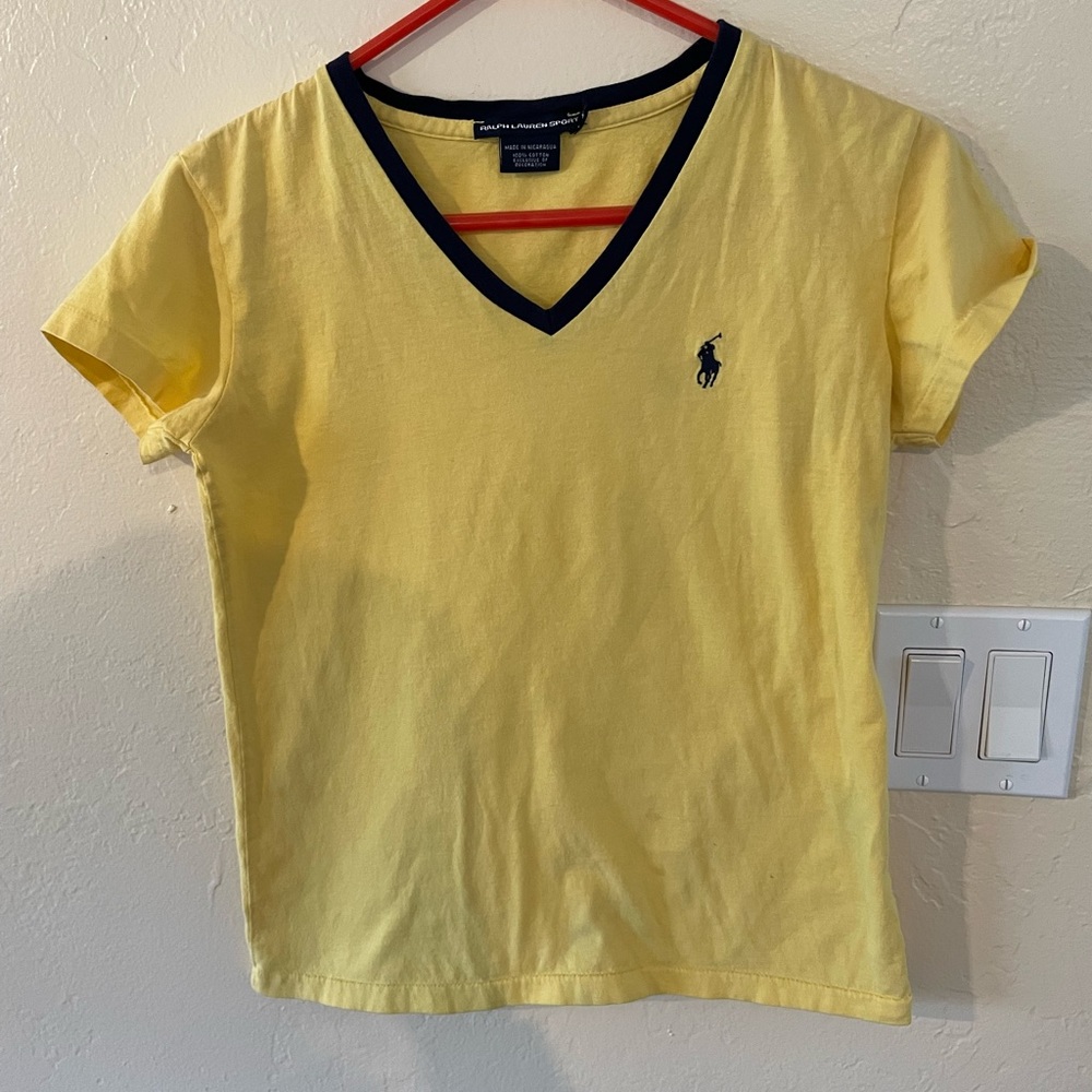 Polo Ralph Lauren T-shirt Sunshine Yellow Blue Logo and collar Cotton V- Neck